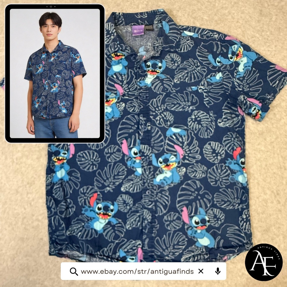 Disney Lilo & Stitch Mens Medium Navy Blue Tropical Monstera Button Down Shirt